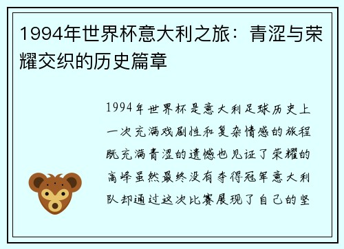 1994年世界杯意大利之旅：青涩与荣耀交织的历史篇章