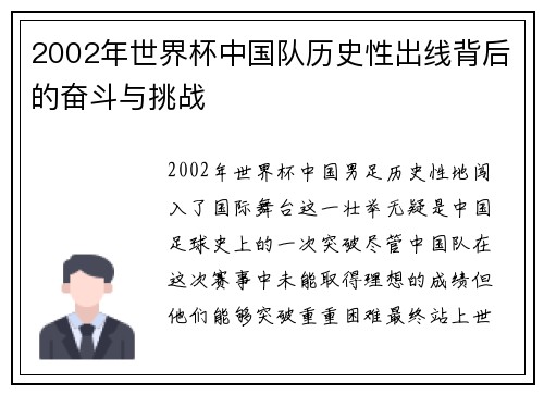 2002年世界杯中国队历史性出线背后的奋斗与挑战