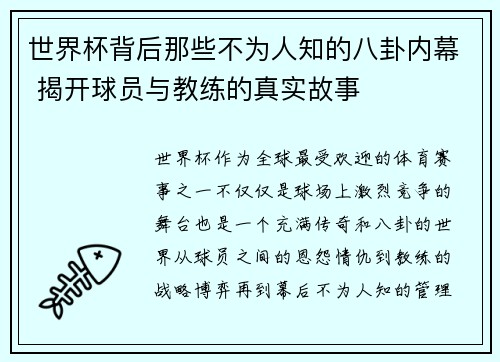 世界杯背后那些不为人知的八卦内幕 揭开球员与教练的真实故事