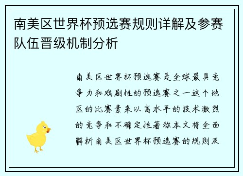 南美区世界杯预选赛规则详解及参赛队伍晋级机制分析