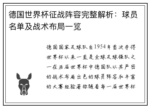 德国世界杯征战阵容完整解析：球员名单及战术布局一览