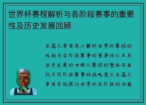 世界杯赛程解析与各阶段赛事的重要性及历史发展回顾