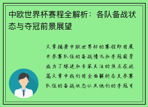 中欧世界杯赛程全解析：各队备战状态与夺冠前景展望