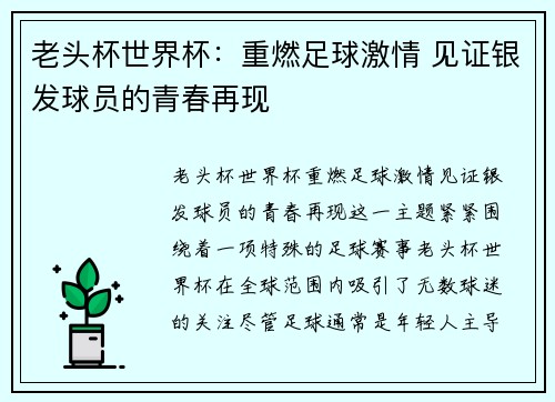 老头杯世界杯：重燃足球激情 见证银发球员的青春再现